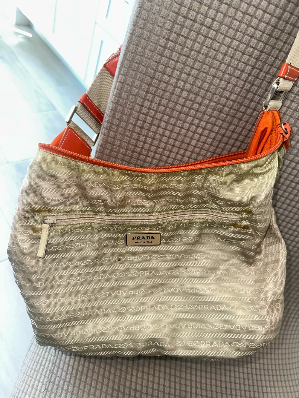 Prada Orange Nylon Shoulder Bag with Beige Strap - Picture 9 of 13